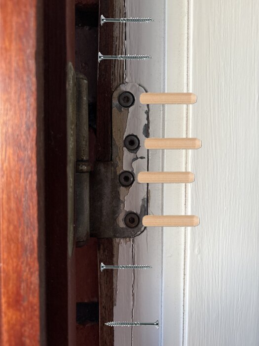 Dörrkarm med skruvar och träplugg för förstärkning runt gångjärn, visande reparation för att förhindra sprickbildning.