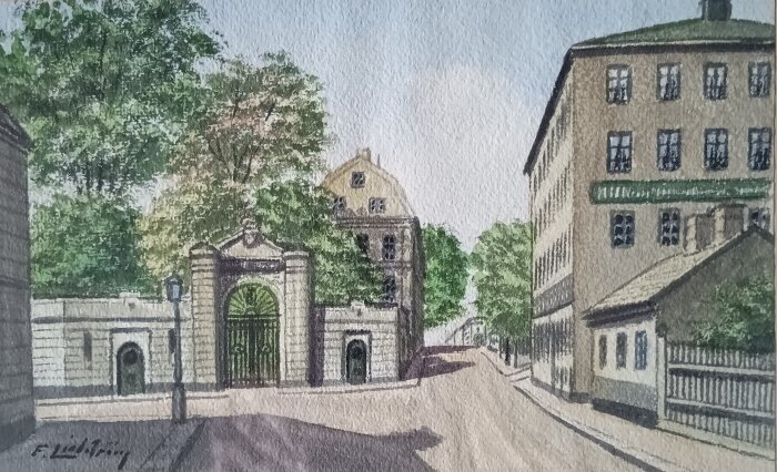 Illustration av Kungliga Myntverket på Kungsholmen med omgivande byggnader och grönska.