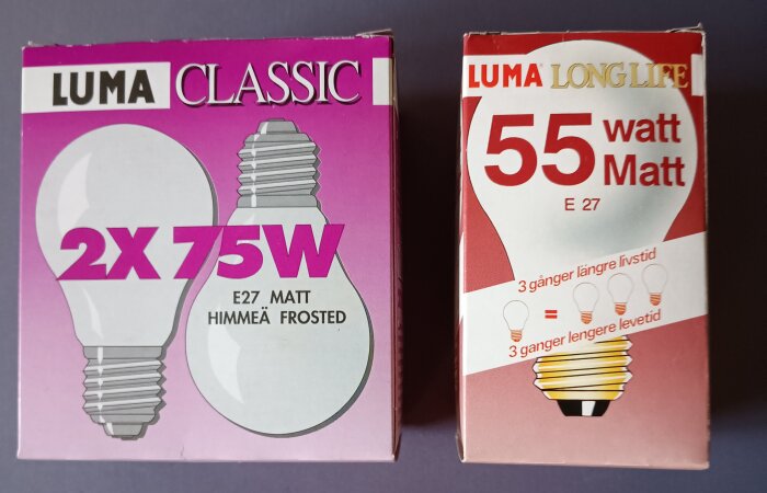 Två förpackningar Luma-glödlampor: "LUMA Classic" 2x75W och "LUMA LongLife" 55W E27 med lång livslängd.