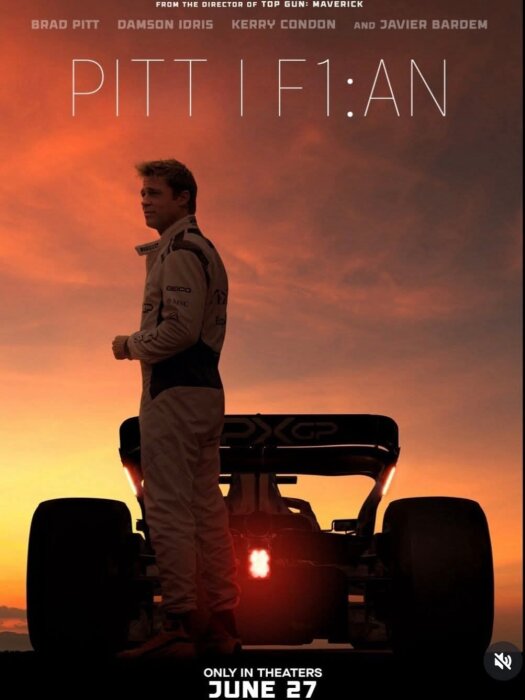 En person i racingdräkt står bredvid en Formel 1-bil i solnedgången, med texten "Pitt i F1:an" och premiärdatum i juni.