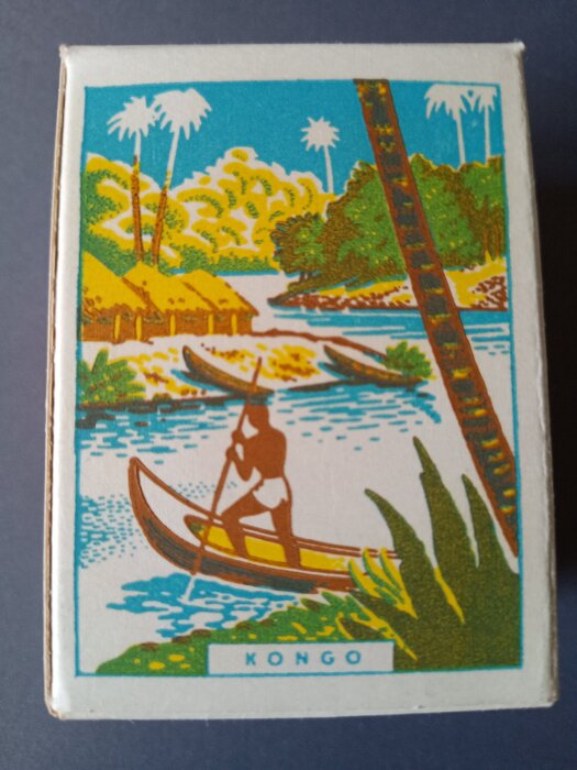 Illustration av en person som paddlar en kanot på en flod omgiven av palmer och hyddor, märkt "Kongo".