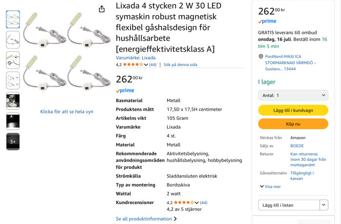 Fyra flexibla LED-lampor med magnetfästen och böjbar arm för hushållsarbete.
