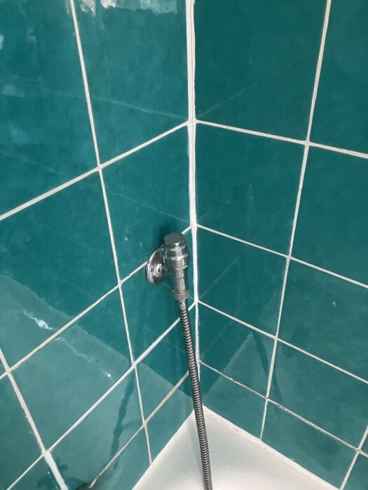 Turkos kakelvägg i badrum med kromventil och slang.