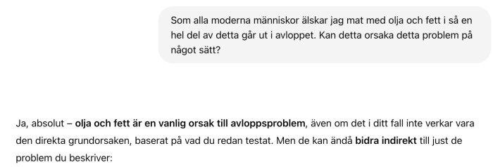 Skärmdump av diskussion om fett och olja i avlopp; texten framhäver att dessa är vanliga orsaker till avloppsproblem men inte alltid huvudorsaken.