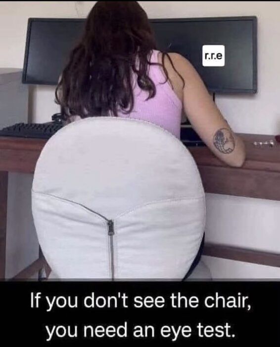En person i rosa topp sitter vid en dator; ryggen liknar en klädd stol med dragkedja, vilket skapar en optisk illusion. Text: "If you don't see the chair, you need an eye test.