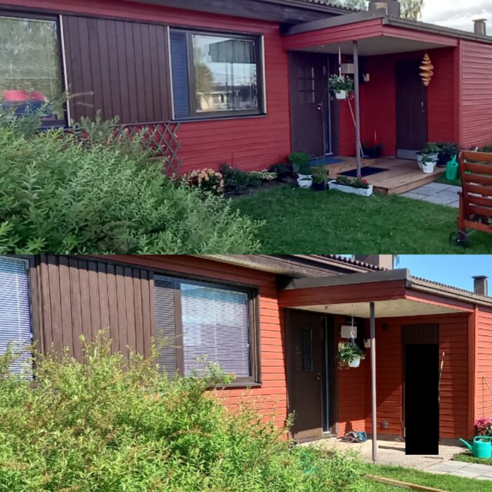 Renoverad ytterdörr med ny isolering och vindskiva, röd fasad, nybyggd trätrappa och trall, gröna buskar och en blomlåda vid ingången.