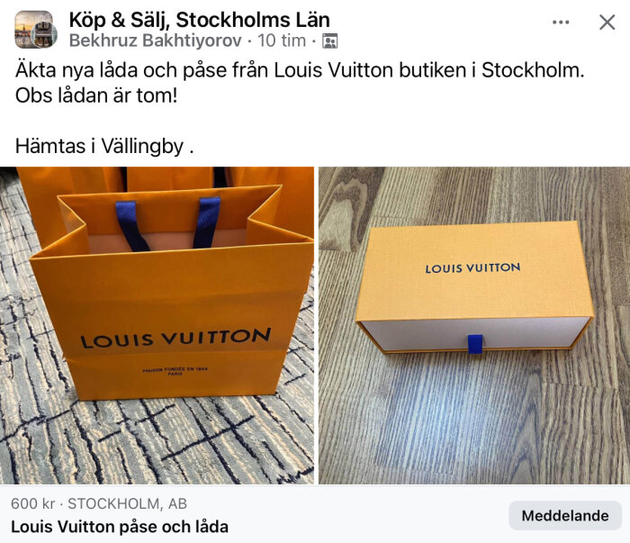 Orange Louis Vuitton-påse och låda placerade på golvet.