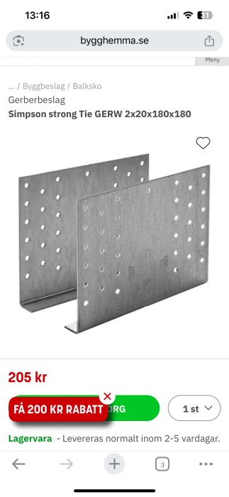 Simpson Strong Tie GERW balksko, metallbeslag med hål för montering, pris 205 kr.