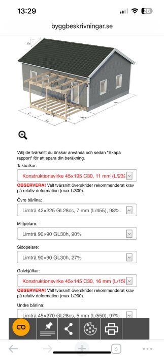 3D-ritning av hus med tillhörande pergola, där takstolar och pergolans bjälkar är markerade i olika färger för att illustrera konstruktionen.