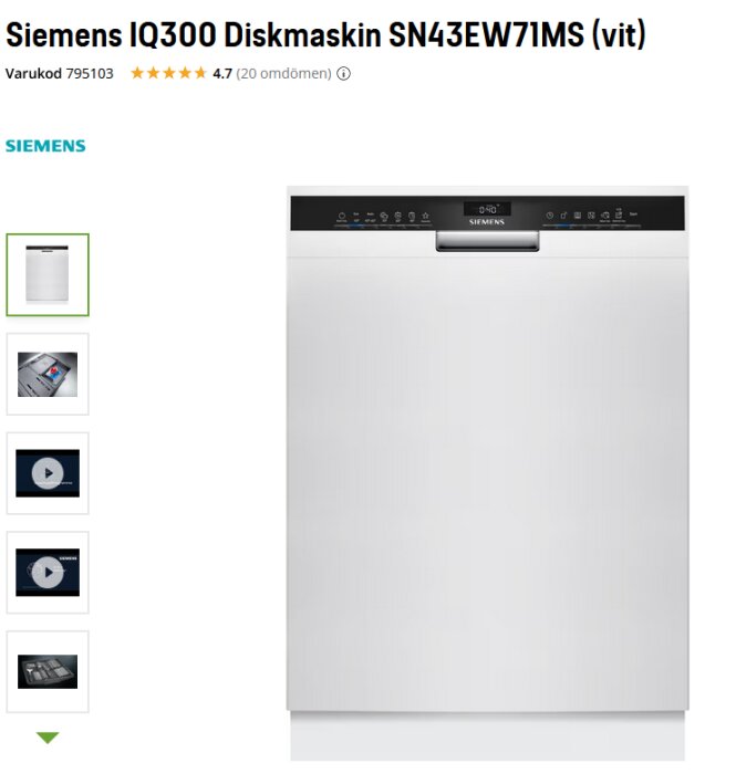 Siemens IQ300 diskmaskin SN43EW71MS med autoOpen funktion och digital display, vit framsida med svart panel.