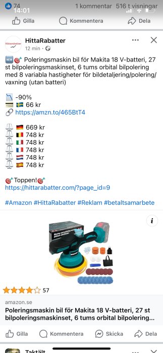 Poleringsmaskin med olika tillbehör för bilpolering visas i annons med 6 tums orbital design, anpassad för Makita 18 V-batteri.