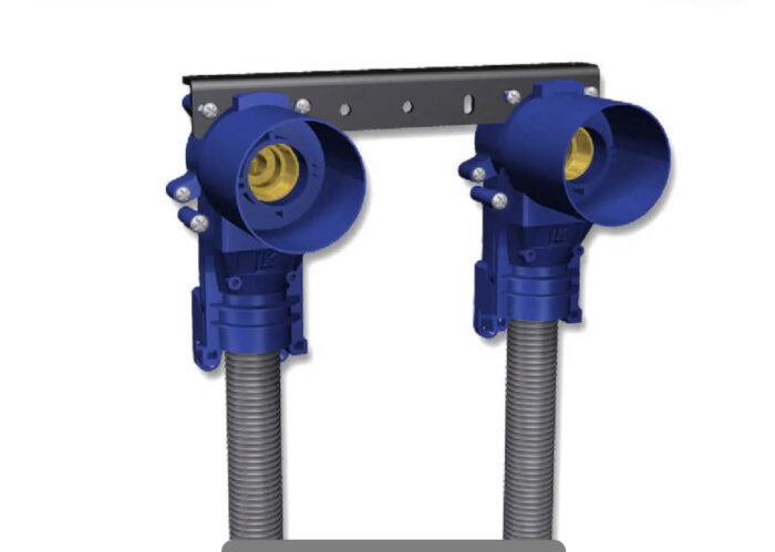 Blå LK Wall system komponenter med röranslutningar monterade på en metallplatta.