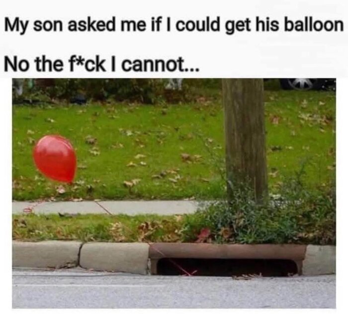 Röd ballong svävar nära en trottoarkant med snöre som leder in i en gatubrunn.