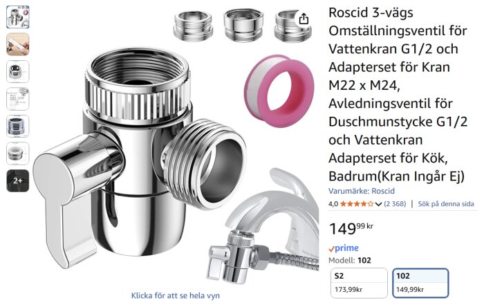 3-vägs omställningsventil i krom med gängor och handtag, för koppling till kökskran och duschslang, inklusive packning och adaptrar. Produkten heter Roscid.