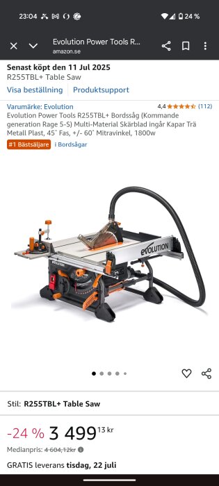 Bordssåg Evolution R255TBL+ i metall och plast med flexibelt skärblad, 45° fas och mitravinkel. Rabatt på 24 % hos Amazon, leverans 22 juli.