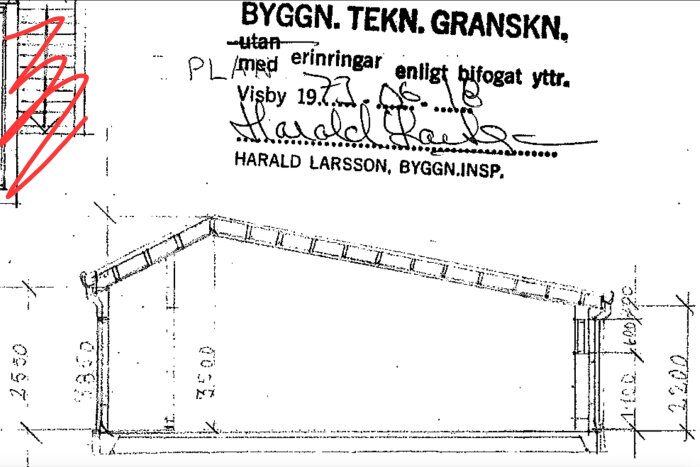Ritning av innertak som följer yttertaket, med signatur från byggnadsinspektör. Visby 1977, mätningar och noteringar synliga.
