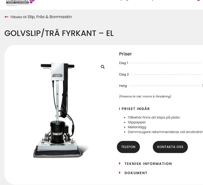 En fyrkantig eldriven golvslipmaskin med handtag och kablar, använd för att slipa en brygga.