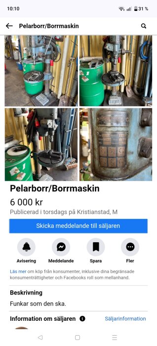 Pelarborrmaskin i verkstadsmiljö bredvid grön tunna, sedd från olika vinklar.