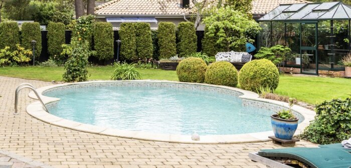 Oval pool med stenbelagt område runt, omgiven av trädgårdsväxter och ett växthus i bakgrunden. Poolen har en metallstege på ena sidan.