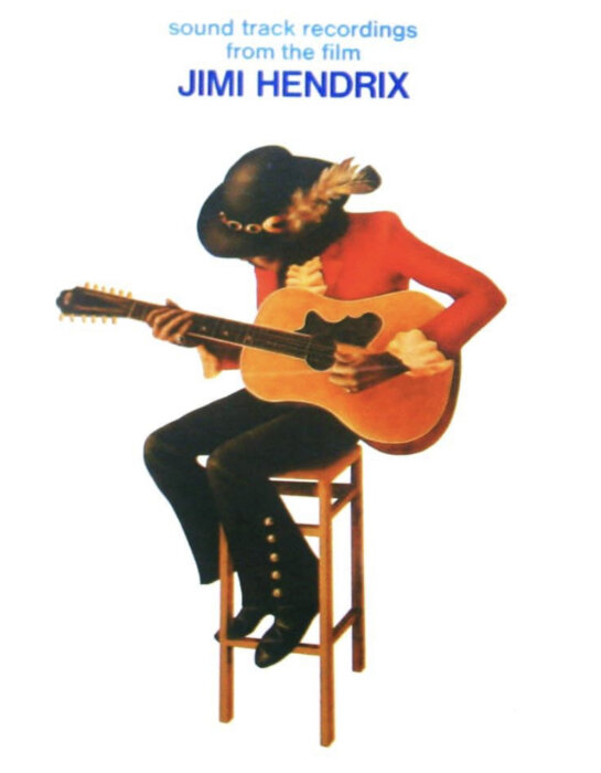Affisch från Jimi Hendrix LP med illustration av en man i röd kavaj och svart hatt som spelar gitarr på en stol.
