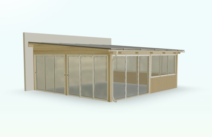 3D-modell av ett inglasat uterum med trätak, glasväggar och dubbla dörrpartier, anslutet till en vägg.