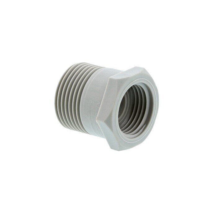 Grå plastbussning med invändig gänga och plantätning, vanligt i diskmaskiner.