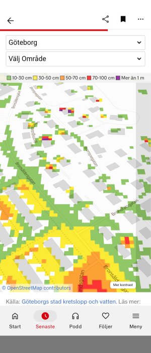 Karta över översvämningsrisk vid 100-års regn i Göteborg, områden med lila block indikerar risk för mer än 1 meter översvämning.