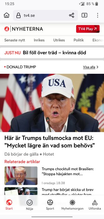 Nyhetsrubrik om bilolycka och bild på en känd politisk figur som talar med en USA-keps, amerikansk flagga i bakgrunden.