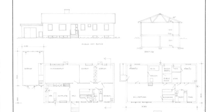 Arkitektskiss av ett enplans tegelhus med källare och fackverkstakstolar, visar planlösning och sektion med mått och väggplaceringar.