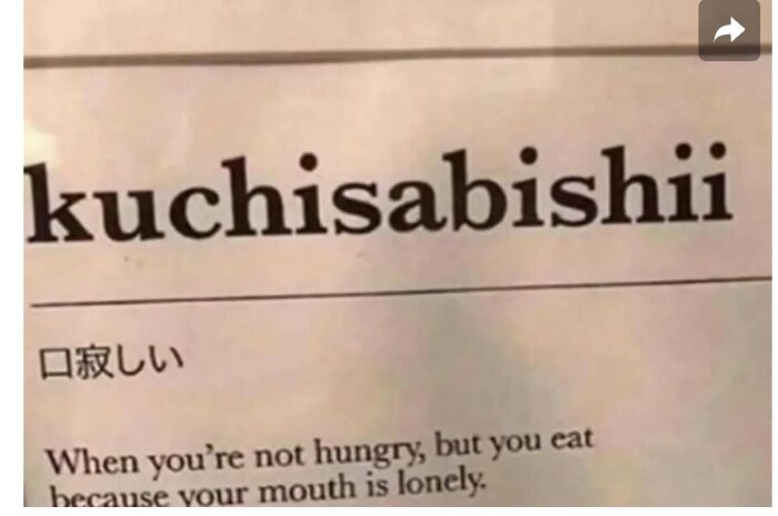 Text som definierar det japanska ordet "kuchisabishii": äta utan hunger för att munnen känner sig ensam.