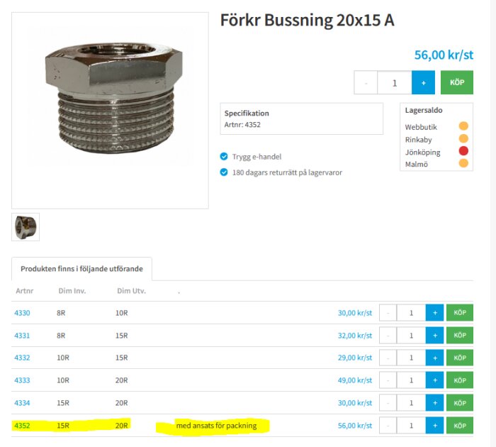 Förkromad bussning 20x15 med slät ansats för packning, art.nr 4352, pris 56 kr/st. Finns i lager hos Rinkaby och Malmö.