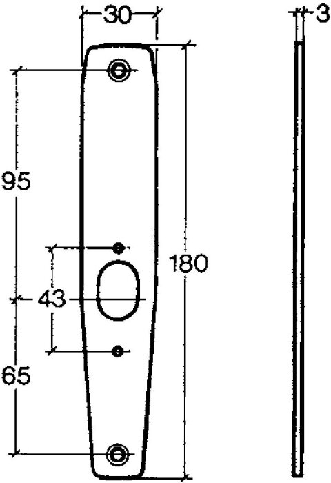 Ritning av en underläggsbricka för handtag, med måttangivelser: 180 mm höjd, 30 mm bredd, och 3 mm tjocklek.