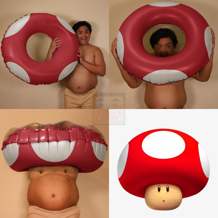 Man poserar med en stor, röd-gul badring som liknar en svamp från ett videospel.
