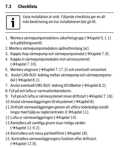 Checklista för installation av värmepumpsmodul, inkluderar steg för montering, anslutning och kontroll av olika komponenter som säkerhetsgrupp och filter.