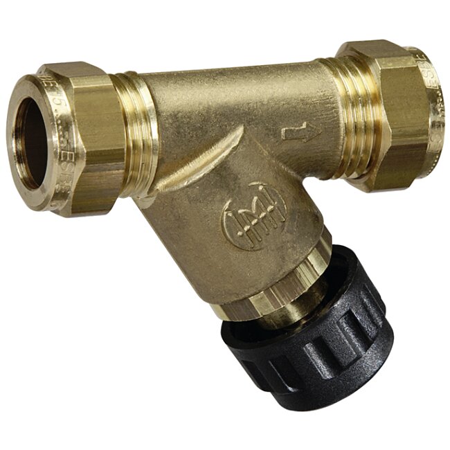 Mässingskoppling för rör med T-form och svart vred; används för anslutning till radiatorer och tappvatten.