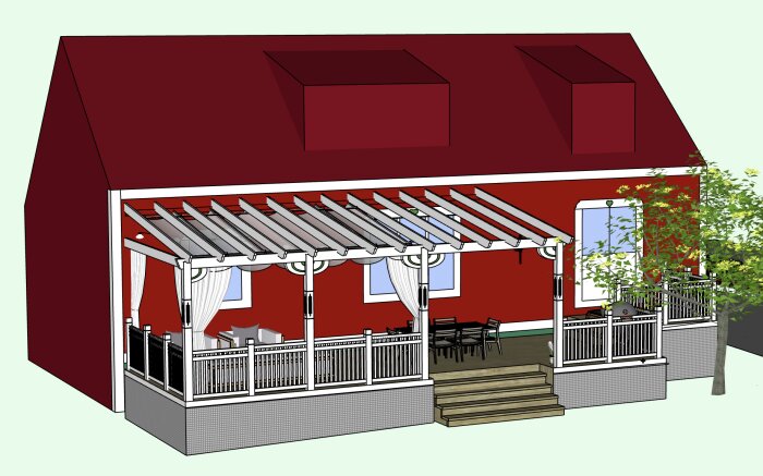 3D-illustration av hus med röd fasad, altan med pergola i limträ, staket och utemöbler. Trädet bredvid altanen ger extra grönska.