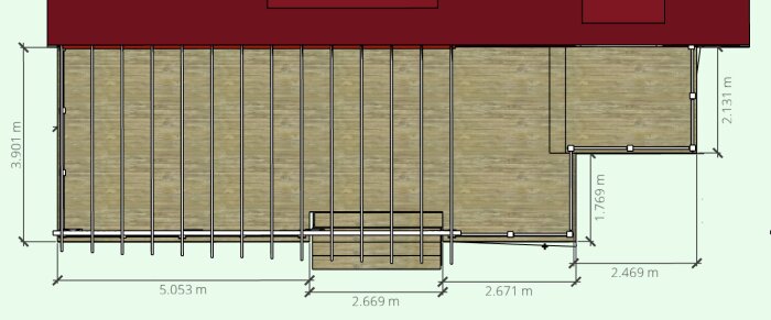 Byggritning för en ny altan med pergola, visar mått och placering av takstolar och pelare i en träkonstruktion.