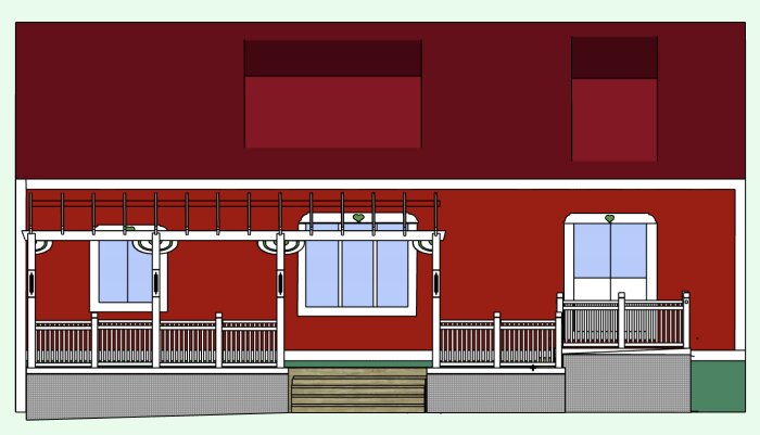 Ritning av en röd husfasad med en altan i trä, räcke och pergola. Trappsteg leder ner från altanen, och det finns fönster med dekoration ovanför.