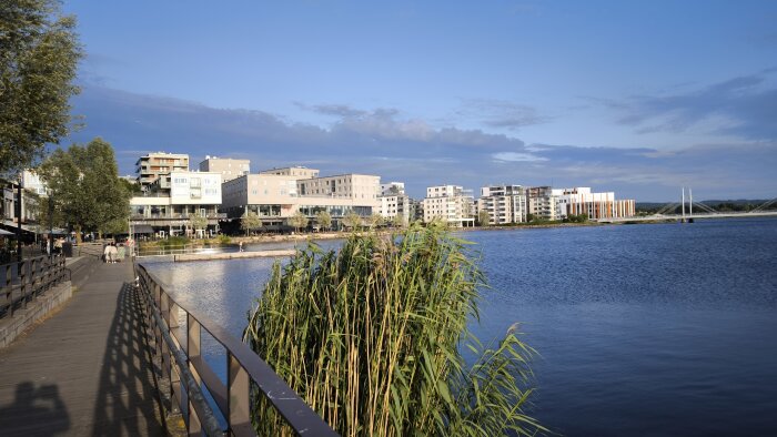 Stadsmiljö vid vatten med moderna byggnader i bakgrunden, gångbro och grönska. Klarblå himmel speglas i vattnet.