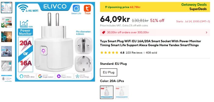 WiFi-smart plugg med effektmätning, kompatibel med Alexa och Google Home. Visar pris och rabattinformation.