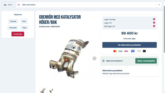 Grenrör med katalysator för höger bak, artikelnummer 4892154AD, visas på en produktsida med pris och lagerstatus.