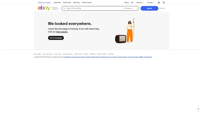 En eBay 404-sida med texten "We looked everywhere" och en person i orange byxor som håller ett duschmunstycke.