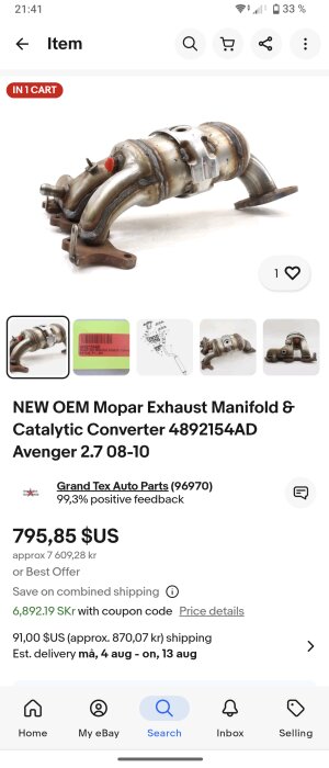 Mopar avgassystem och katalysator för Avenger 2.7 08-10 visas i en onlinebutik med pris och fraktinformation.