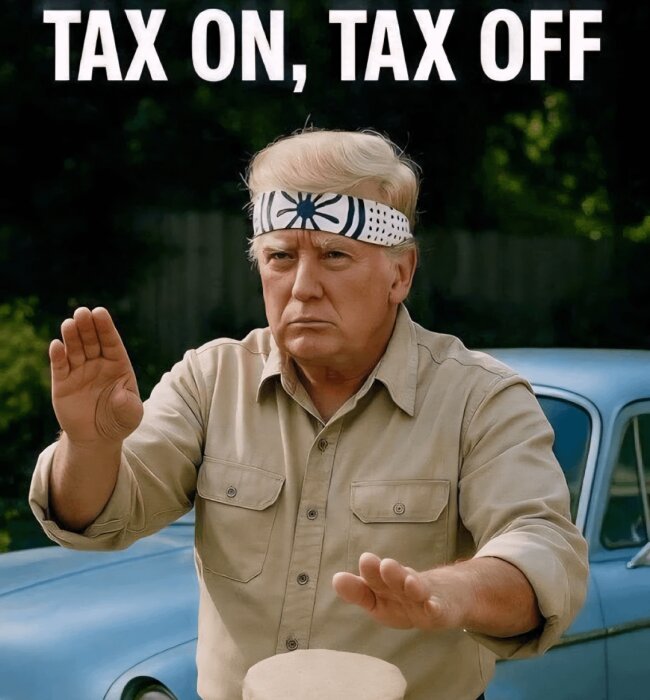 En person med pannband gör en karateställning framför en bil, med texten "Tax on, tax off" ovanför.