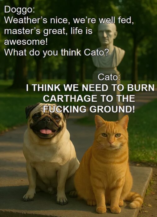 En mops och en katt sitter bredvid en byst. Text från djuren: Mopsen har ett positivt budskap, katten talar om att bränna Karthago till grunden.