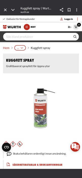 Grafitbaserad kuggfettsspray från Würth, visar burk med etikett och varningstext.