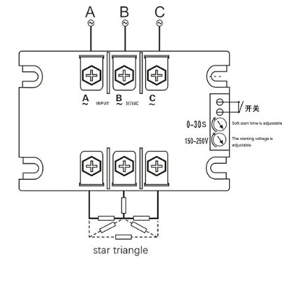 Illustration av inkopplingsschema för en mjukstartare, med terminaler märkta A, B, C för spänning, justerbar starttid och spänning, samt stjärnläge.