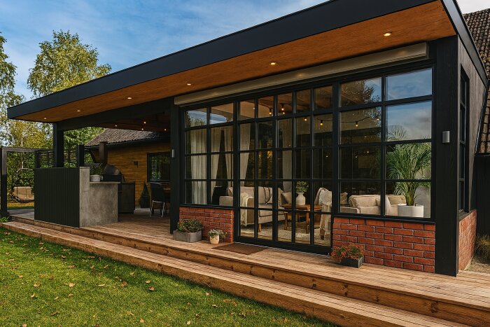 Modernt uterum med stora glaspartier och tegelvägg, omgiven av träaltan med steg upp från trädgården.