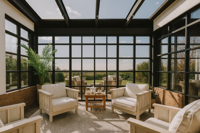Ljust uterum med stora glasfönster, bekväma sittmöbler och grön vy utanför, visar inspiration för planerat bygge med orangeri och tegelväggar.