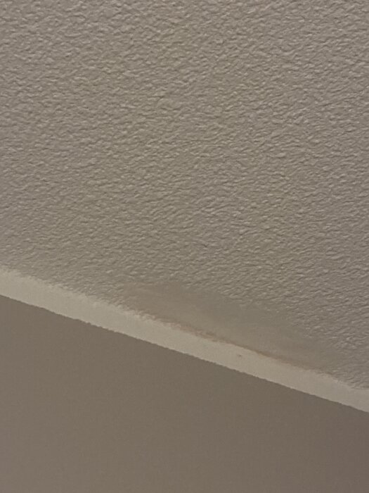 Grängat innertak med slät fläck kvar efter tidigare försök att ta bort färg från taket, kant synlig mellan tak och vägg.